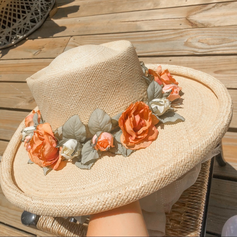 Vintage • Cream Floral Summer Straw Beach Sun Hat